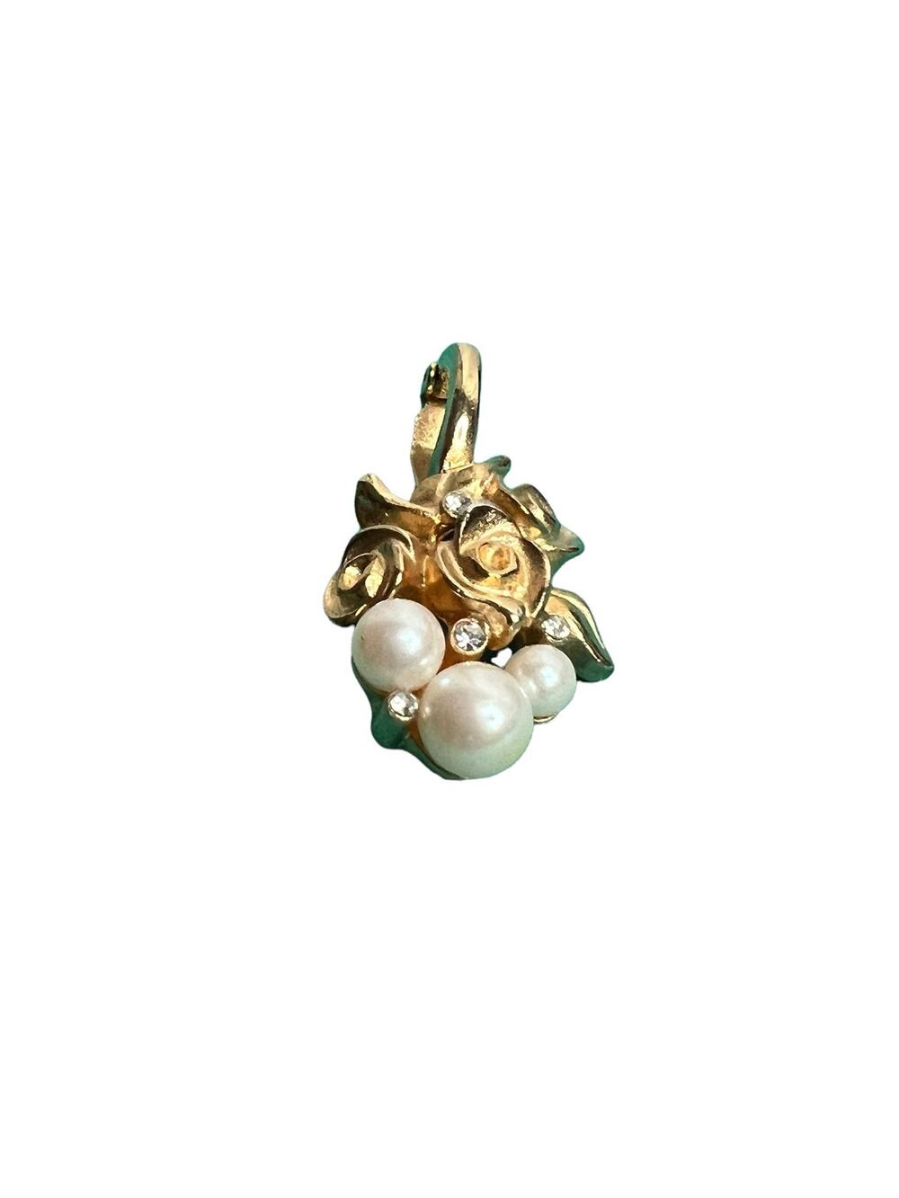 Marvella Vintage Rose Pendant Pearl Rhinestone Accents Gold Tone Jewelry